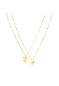 Gouden hartkettingen in twee verschillende maten: een grotere gladde hart en een kleinere gepolijste hart, beide aan fijne schakelkettingen.