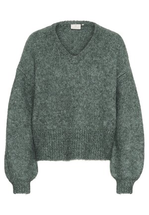 Sweter z dekoltem w serek i długim rękawem w kolorze ciemnozielonym, wykonany z teksturowanego, miękkiego dzianiny, w luźnym kroju, z prążkowanymi mankietami i dołem.