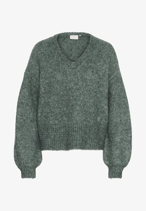 Pulover cu decolteu în V, cu mâneci lungi, de culoare verde închis, realizat dintr-un material tricotat texturat și moale, cu o croială lejeră și manșete și margine ribbate.