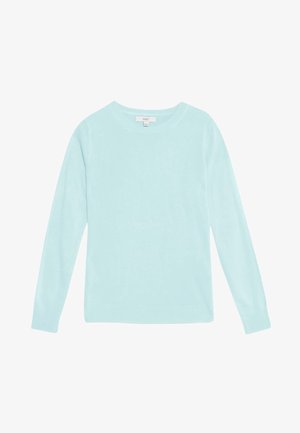 Pull bleu clair à manches longues en matière douce, avec un col rond et des poignets et ourlet côtelés. Design simple et sobre.