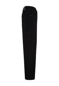 Pantaloni cargo negri cu un design drept, multiple buzunare și un material texturat. Talie cu un finisaj neted.