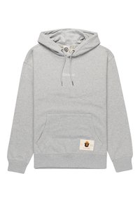 Gray hoodie made of cotton with a kangaroo pocket, drawstring hood, and a label featuring an illustration on the right side.