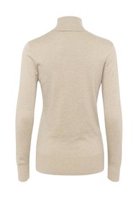 Maglione beige a collo alto con maniche lunghe, realizzato in un morbido tessuto testurizzato. Presenta un design aderente e dettagli a coste sul collo e sull'orlo.