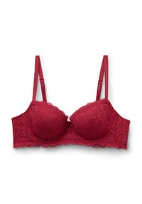Roter Spitzen-BH mit gepolsterten Cups und gewellten Kanten, ausgestattet mit verstellbaren Trägern und einem kunstvollen Blumenmuster.