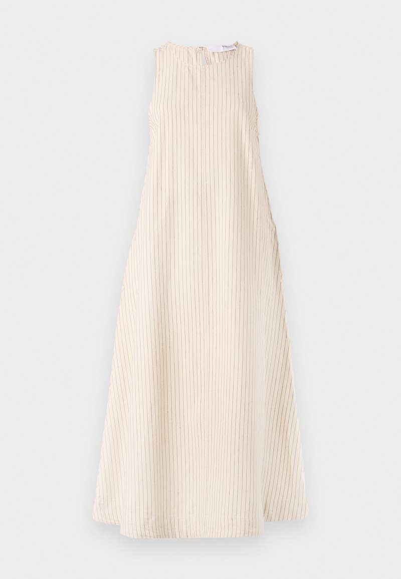 Beiges ärmelloses Kleid mit vertikaler Rippstruktur, rundem Ausschnitt und seitlichen Raffungen. Knielange Länge mit gerader Silhouette.