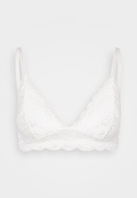 Witte kant bralette met golvende randen, verstelbare schouderbandjes en een zachte textuur. Ontworpen met een driehoekige vorm en zonder onderbuste.