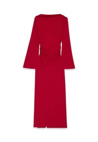 Punavuorinen mekko, jossa on pitkät kellohelmihat, laskostettu takadetail, lattiapituinen leikkaus, valmistettu sileästä kankaasta, jossa on istuva siluetti.