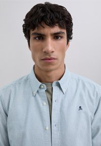 Lichtblauw gestreept overhemdd met knopen, gemaakt van geweven stof, met een klein logo van een schedel en gekruiste botten op de linkerborst.