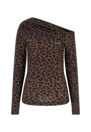Leoparda raksta garām piedurknēm topi ar vienu plecu, kas izceltu brūnas un melnas krāsas shēmu un mīkstu, teksturētu audumu.