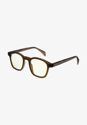 Gafas de acetato marrón con lentes rectangulares y patillas delgadas. Lentes ligeramente tintados, acentos texturizados en las varillas y un acabado brillante.