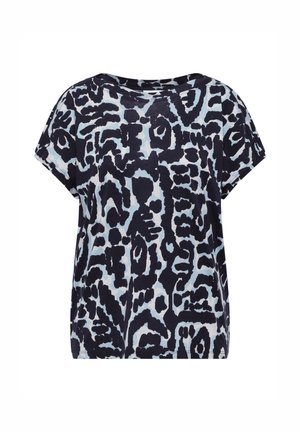 Blue and black leopard print short-sleeve top. Soft fabric with a loose fit and round neckline. Features an all-over abstract pattern.