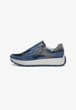 Blue and gray low-top sneaker with mixed leather and suede, side zipper, blue laces, and thick white sole.