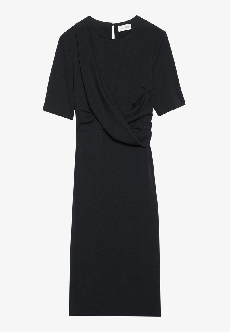 Schwarz Kleid mit kurzen Ärmeln, drapiertem Vorderteil, taillierter Silhouette und rundem Ausschnitt mit einem kleinen Cutout auf der Rückseite.