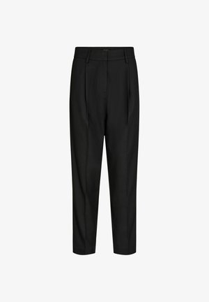 Pantalons noirs sur mesure à coupe décontractée, avec une texture lisse, une front plissé, des jambes droites et des passants de ceinture.