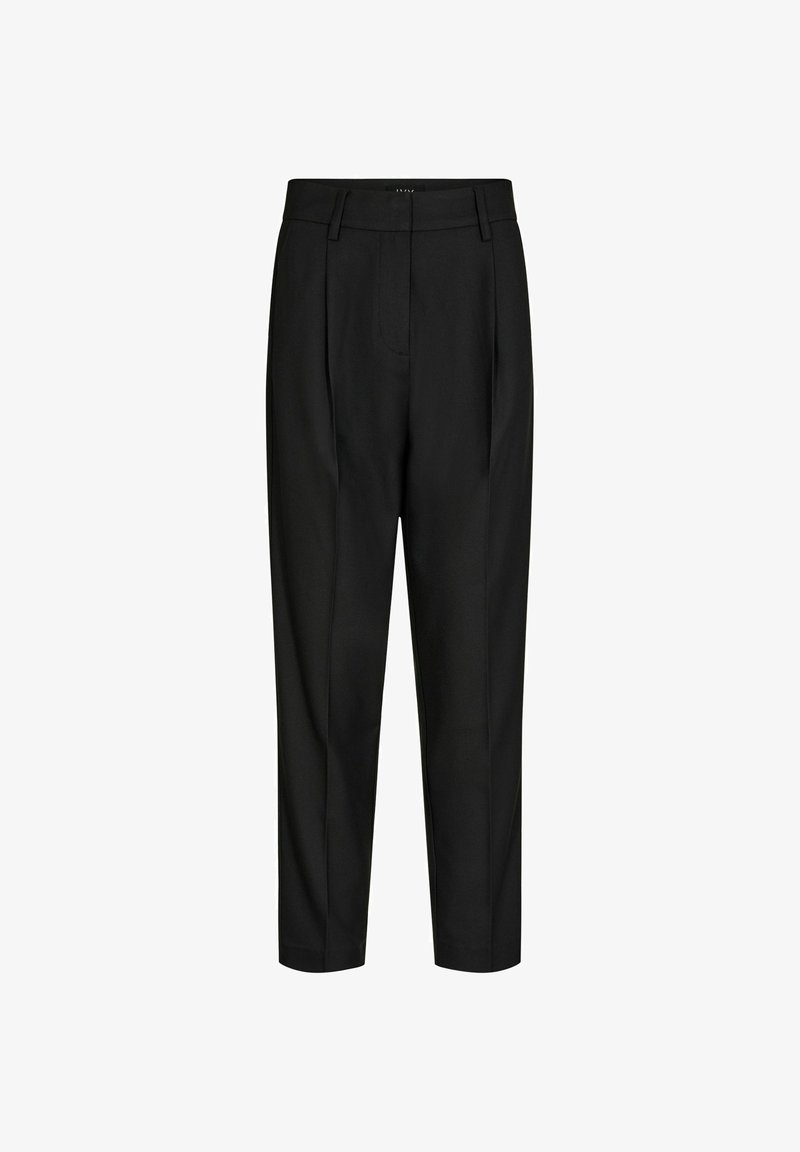 Pantaloni negri croiți, cu o croială lejeră, având o textură netedă, cu pliuri în față, picioare drepte și cu bucle pentru curea.