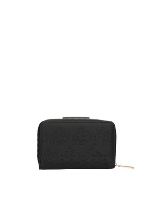 Portefeuille noir zippé avec motif « play » perforé et tirette dorée sur fond blanc.