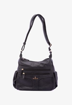 Schwarze Lederhandtasche mit strukturiertem Finish, ausgestattet mit mehreren Reißverschlusstaschen, einem abnehmbaren Gurt und Akzenten aus goldfarbenem Metall.