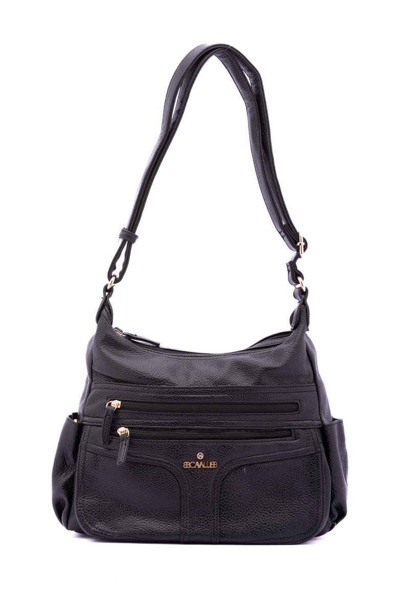 Borsa a mano in pelle nera con finitura testurizzata, dotata di più tasche con zip, un tracolla removibile e dettagli in metallo dorato.