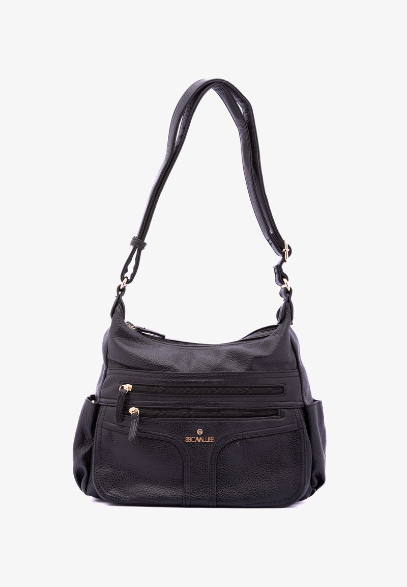 Zwarte leren handtas met een gestructureerd oppervlak, voorzien van meerdere ritsvakken, een afneembare schouderriem en accenten van goudkleurig metaal.