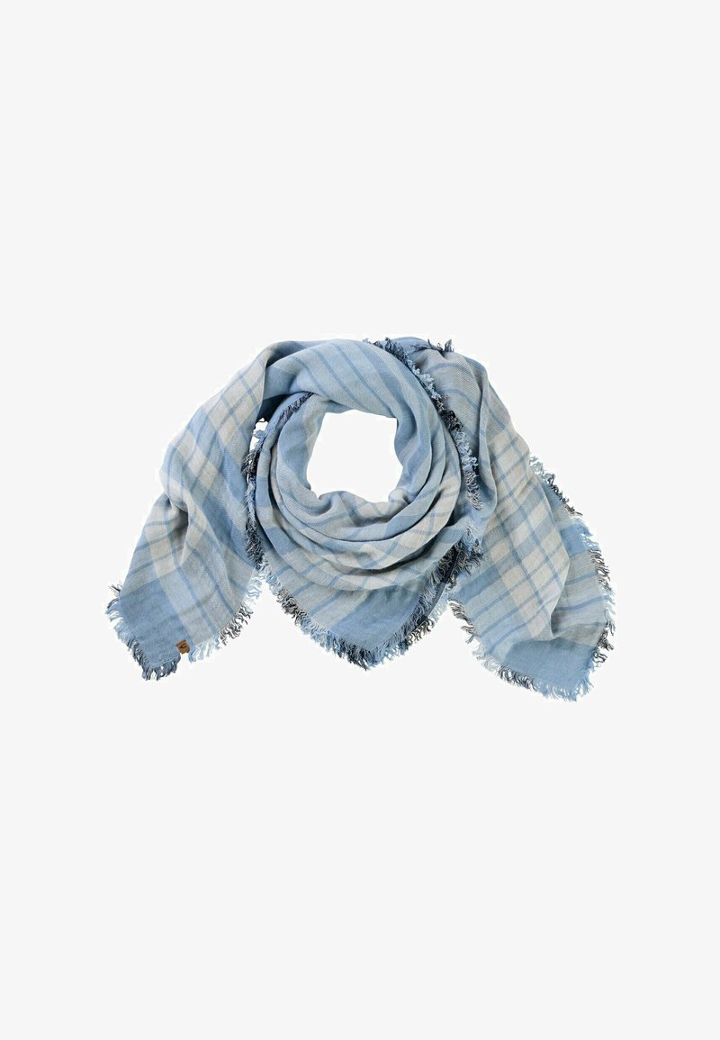 Light blue and gray checkered scarf with fringed edges, loosely folded in a circular shape on a white background.
