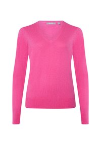 V-Ausschnitt Pullover in leuchtendem Pink, aus feinem Strickmaterial gefertigt. Hat lange Ärmel und ein tailliertes Design, mit einem strukturierten Körper und ribbeltem Saum.