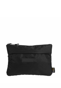 Bustina con zip nera in tessuto resistente, caratterizzata da una superficie testurizzata, forma rettangolare e una piccola etichetta con logo sul davanti.