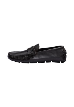 Black leather slip-on loafer with moccasin-style stitching and rubber segmented sole, viewed from the side on a white background.