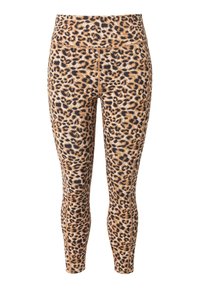 Leggings kuviolla leopardi, valmistettu joustavasta kankaasta, jossa on korkea vyötärö ja tiukka siluetti, sekoitus ruskeaa, mustaa ja kultaisia sävyjä.