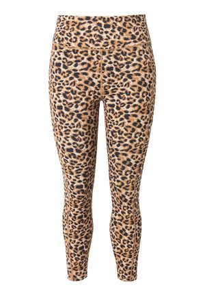 Leopardmønstrede leggins lavet af strækbart stof, med en høj talje og en tætsiddende silhuet, i en blanding af brune, sorte og gyldne nuancer.