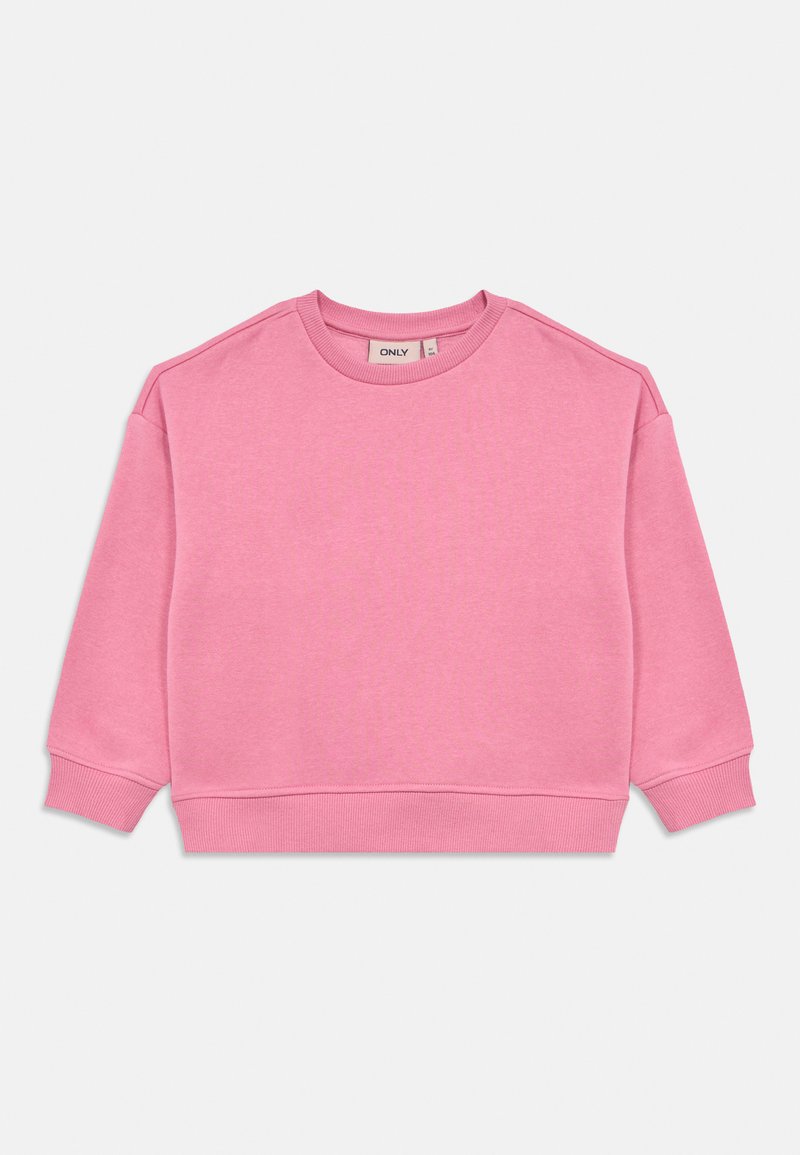 Ροζ φούτερ με στρογγυλή λαιμόκοψη, μακριά μανίκια και ριμπ μανσέτες και τελείωμα. Κατασκευασμένο από απαλό μείγμα βαμβακιού με λεία υφή.