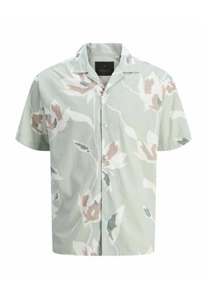 Chemise à manches courtes à boutons de couleur vert clair avec un motif floral dans des tons de rose et de bleu. Fabriquée en tissu léger, elle dispose d'un col de type camp.