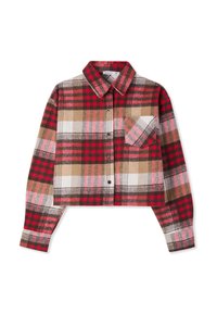 Camicia a quadri ritagliata in flanella nei colori rosso, marrone e beige. Presenta una chiusura frontale con bottoni e una tasca sul petto con patta diagonale.