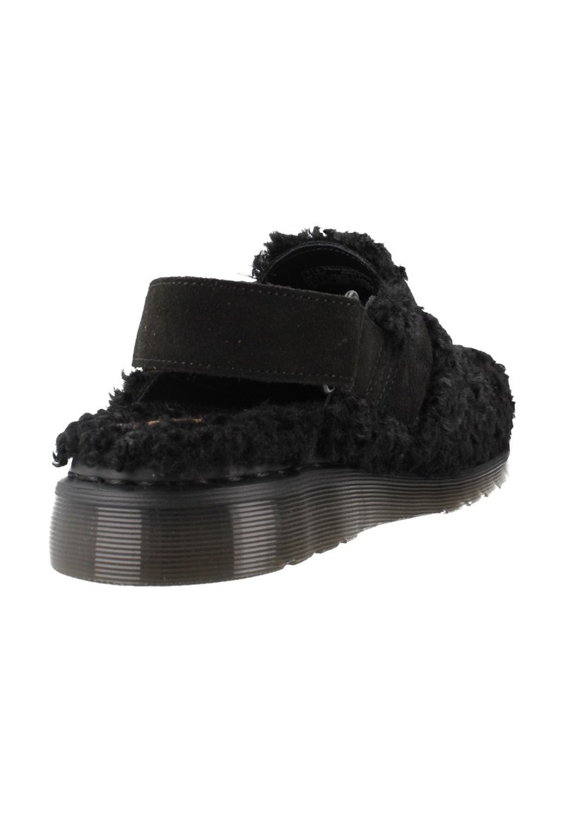 Schwarze Sandalen mit fuzzy Textil-Obermaterial, verstellbarem Klettverschluss und strukturiertem Gummisohle. Offenes Rückendesign für einfachen Einstieg.
