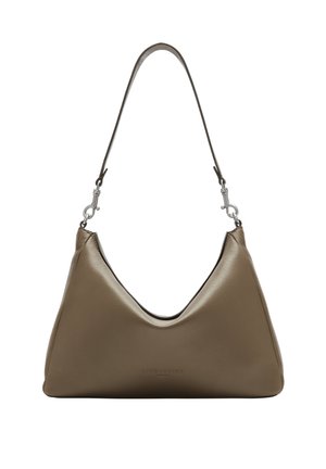 Brown leather handbag with a slouchy design, an angular shape, and a single adjustable strap. Silver hardware accents visible.