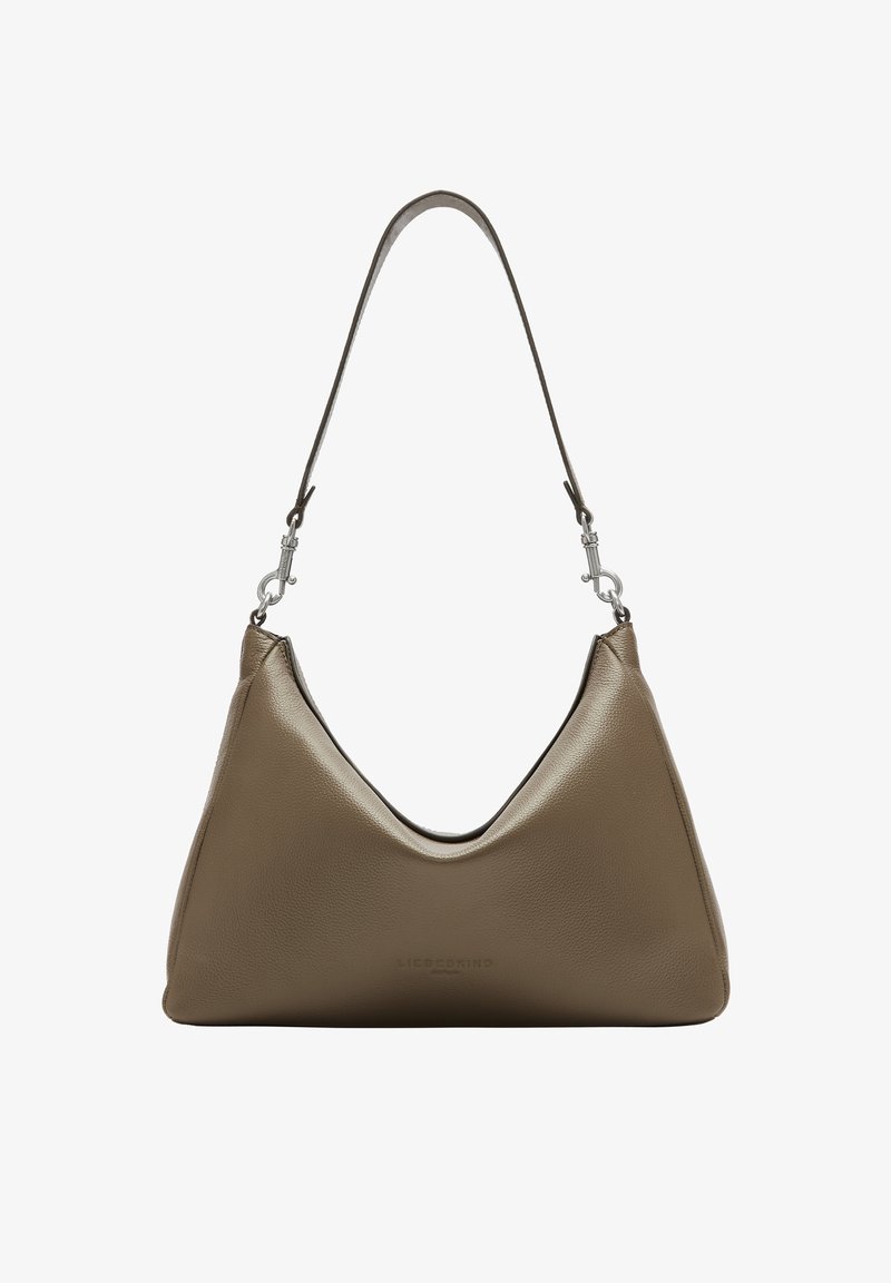 Leder-Schultertasche in gedämpftem Taubenton mit einer weichen, strukturierten Oberfläche. Verfügt über eine geschwungene Form und silberne Hardware-Akzente.