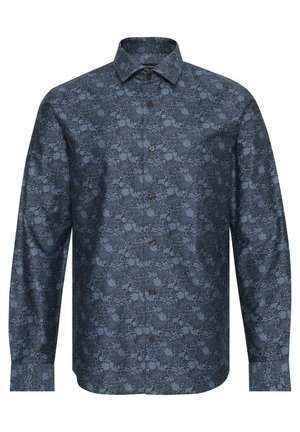 Cămașă cu mânecă lungă din bumbac de culoare albastru închis, cu un model floral. Are un guler tip button-down și nasturi maro pe față.