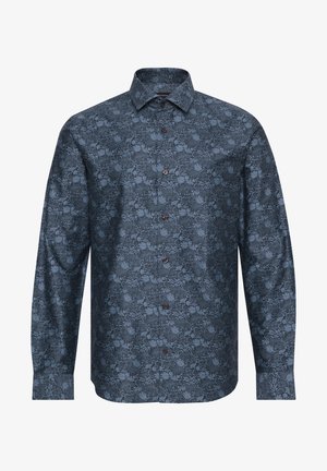 Sötétkék pamut hosszúujjú ing virágmintával. Gombolt gallérral és barna gombokkal az elején.