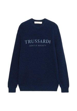 Maglione in maglia a coste blu navy con scollo rotondo, maniche lunghe e ricamo "TRUSSARDI GENTLE SOCIETY" sul davanti.