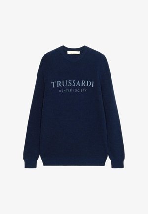 Maglione in maglia a coste blu navy con scollo rotondo, maniche lunghe e ricamo "TRUSSARDI GENTLE SOCIETY" sul davanti.