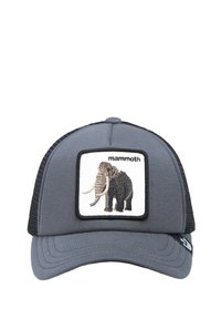 Cappellino da baseball grigio con retro in rete, design di mammut ricamato su una toppa bianca e dettagli neri sulla visiera e sui lati.