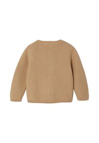 Beige gestrickter Pullover mit Rundhalsausschnitt und langen Ärmeln. Verfügt über eine strukturierte Webart und gerippte Bündchen und Saum. Glatte, weiche Optik.
