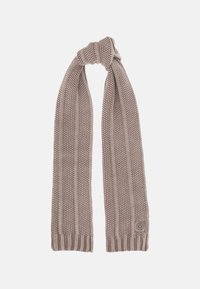 Sciarpa lavorata a maglia in un taupe chiaro con un motivo testurizzato, bordi a costina e una piccola etichetta del marchio. Misura circa 160 cm di lunghezza.