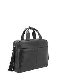 Black leather briefcase with top handles and an adjustable shoulder strap. Features a smooth texture and a zippered pocket on the front.