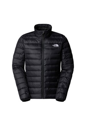 Black puffer jacket with a high collar, quilted design, full front zipper, and logo on the left chest. Smooth, lightweight material.
