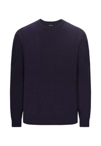 Maglione da uomo a collo rotondo e maniche lunghe in un blu navy scuro, con polsini e orlo a coste, in tessuto a maglia semplice, senza motivi o loghi visibili.