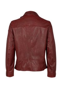 Giacca in pelle rossa con colletto classico, caratterizzata da una texture liscia e dettagli delle cuciture sulla schiena e sui lati.