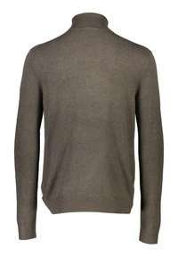 Brun stickad tröja med hög krage. Har långa ärmar, ribbade muddar och nederkant. Slät textur; minimal detaljering. Bakvyn visas.