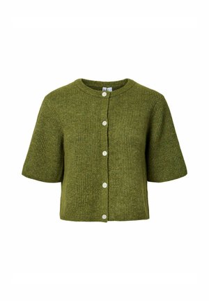 Groene gebreide cardigan met een ronde hals, korte mouwen en zes witte knopen aan de voorkant. Getextureerde ribbelstof.