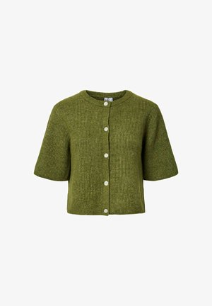 Grøn strikket cardigan med rund halsudskæring, korte ærmer og seks hvide knapper foran. Tekstureret ribbet stof.