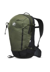 Zaino realizzato in tessuto verde resistente e testurizzato con accenti neri. Presenta spallacci regolabili, una tasca frontale con zip e una maniglia superiore.